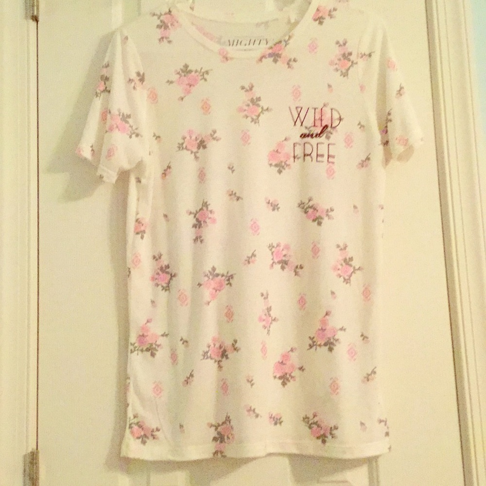 White tee with pink floral and tribal designs